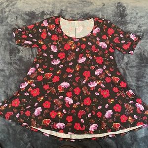 LuLaRoe Perfect Tee: Black with Red and Purple Flowers (M)
